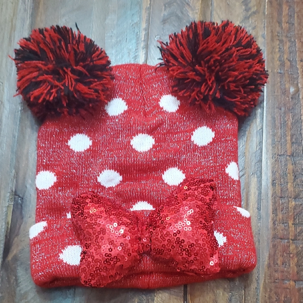 Disney Parks MINNIE Red and White Polka Dot Kids Hat with Pom Poms
